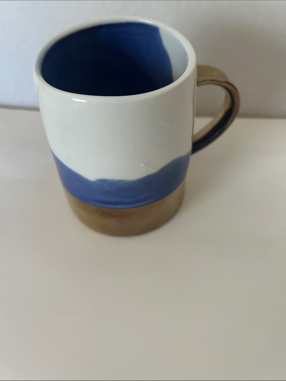 Anthropologie White, Blue and Gold Ceramic Mug